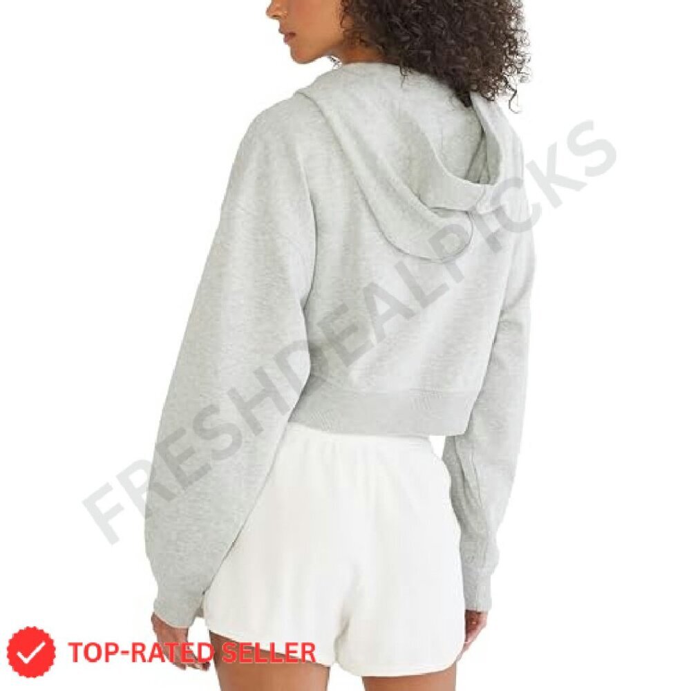 Cropped Full Zip Hoodie Oversized Relaxed Fit Fleece Y2K Chic Casual - Picture 3 of 5